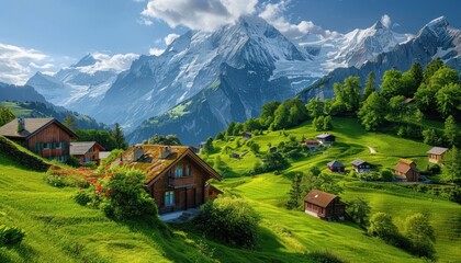 Fototapeta premium In a quaint village nestled in the mountains, a magnificent peak stands in the background