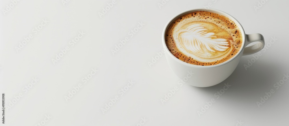Poster a half filled cup of cappuccino with frothy milk spillover displayed in a copy space image