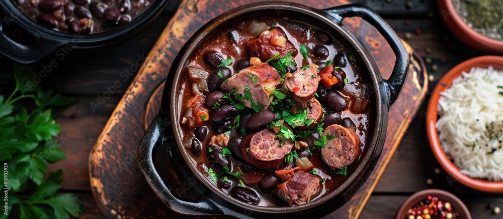 Aufkleber Top view of Feijoada a traditional Brazilian dish made with black beans pork and sausage with copy space image available for text or graphics