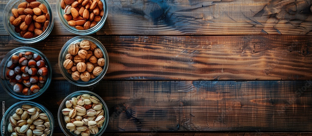 Aufkleber Various nuts displayed on a wooden surface in glass containers shot from above with space for text or graphics Emphasizing the idea of a nutritious diet with assorted nuts. Creative banner