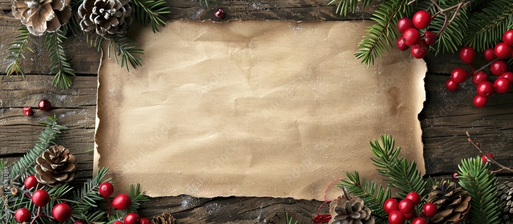 Poster top view of a vintage paper on a wooden surface decorated with christmas items includes copy space i