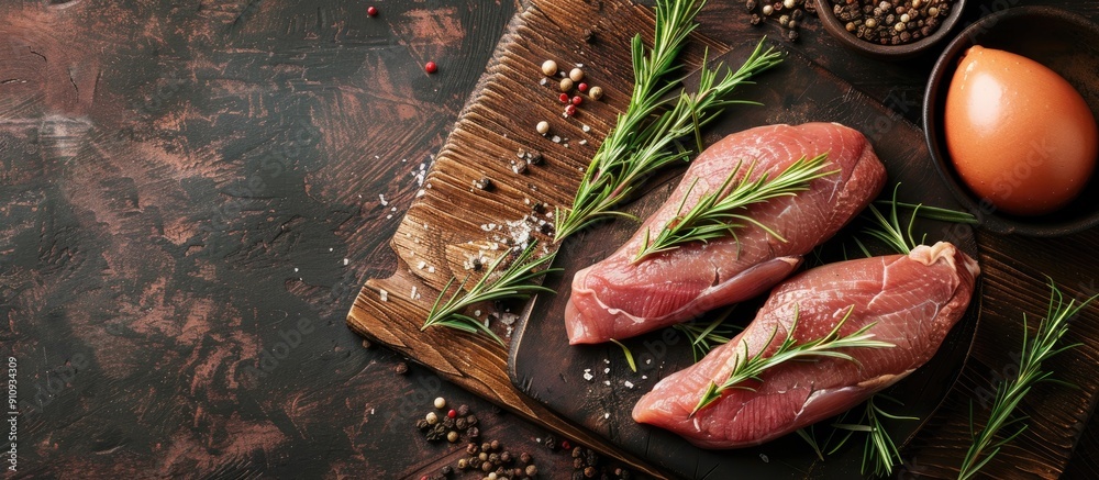 Aufkleber fresh poultry meat raw duck breast ready to be cooked a healthy meal or snack option on a rustic tab