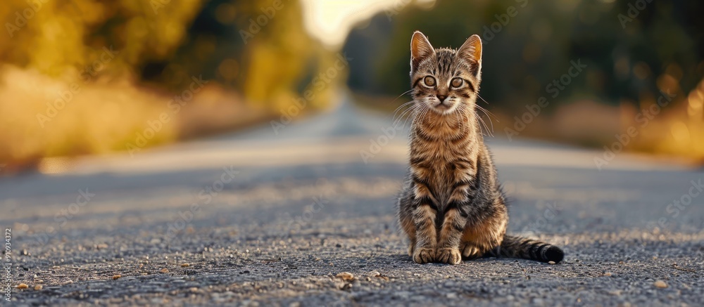 Poster A lovely brown tabby cat on the road gazing at the camera with open space for text. Creative banner. Copyspace image