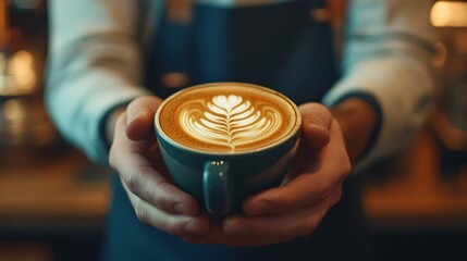 Barista serving a beautifully crafted coffee drink the artful presentation and rich aroma making it an irresistible treat
