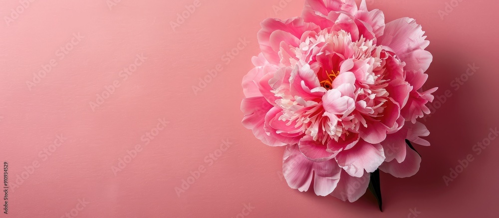 Aufkleber pink peony flower on a pink background providing a holiday theme with a top down perspective ideal f