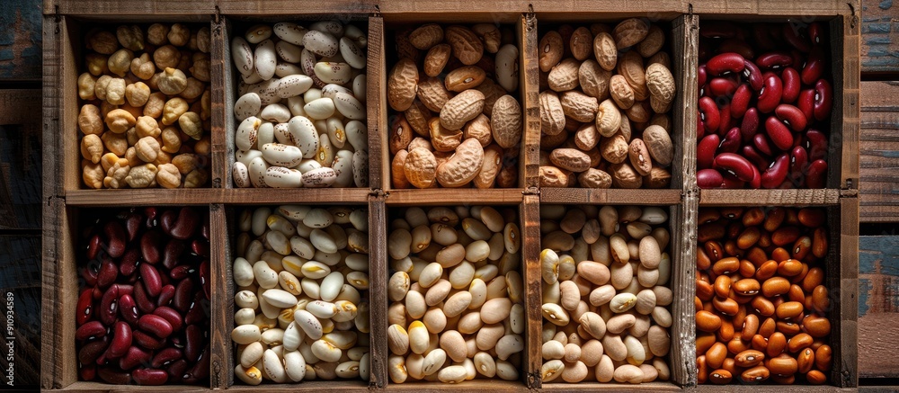 Poster free copy space image of uncooked beans arranged in a top view inside a wooden box