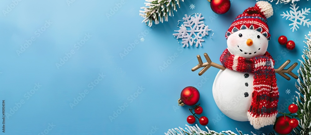 Poster Snowman Christmas decoration set on a blue backdrop with space for adding images. Creative banner. Copyspace image