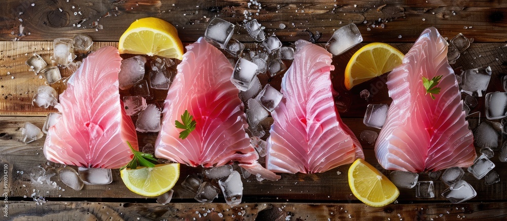 Poster four raw tilapia fish tails with pink fins arranged on a wooden table served with ice lemon and brig