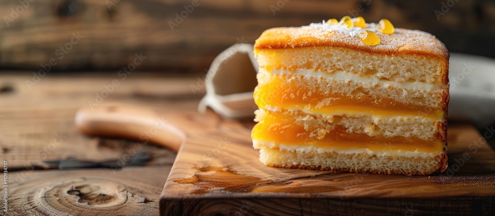 Poster selective focus on a three layers rich egg yolk cake with jam between them spiku or lapis surabaya i