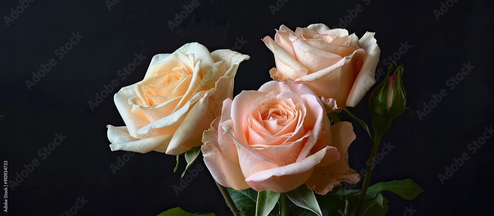 Poster three beautiful roses set against a dark black backdrop creating an ideal copy space image