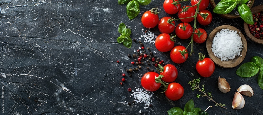 Poster materials to prepare cherry tomatoes salt herbs and spices displayed on a dark concrete backdrop wit