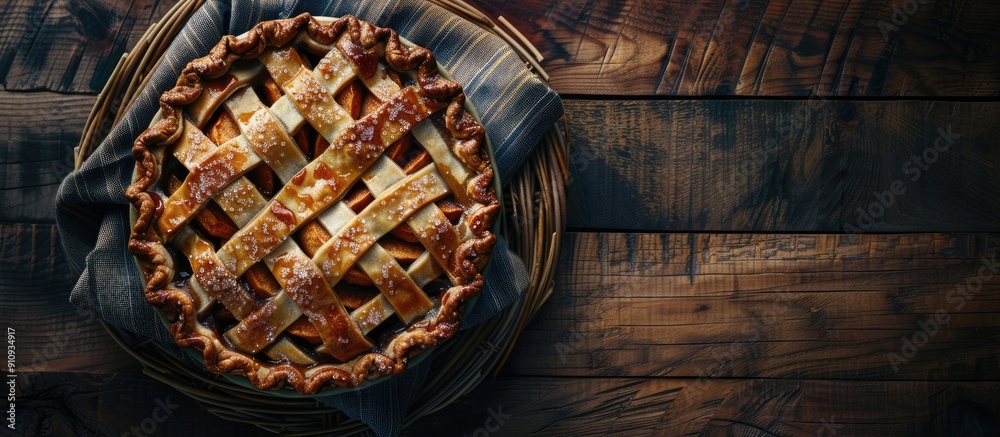 Poster a homemade apple pie with marmalade captured in a dark and moody photograph with copy space image