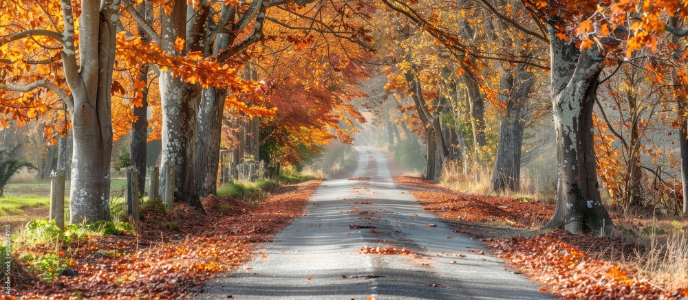 Poster An inviting country road bordered by vibrant autumn foliage creating a picturesque setting with room for a copy space image