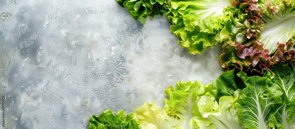 Poster Top view of lettuce and other raw vegetables with free space for text in the image. Creative banner. Copyspace image