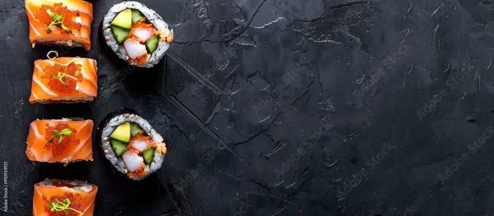 Aufkleber Various Japanese Maki sushi rolls on a stark black background featuring salmon tuna shrimp avocado cucumber and micro greens atop them creating a ready to use banner with text and copy space image