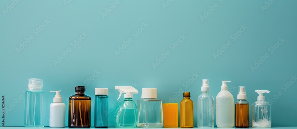 Aufkleber Various bottles and spray containers are arranged neatly on the table against a blue background creating a composition with copy space image