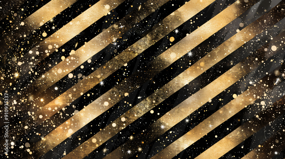 Poster Golden diagonal stripes intersect on a black backdrop with shimmer and bokeh effects