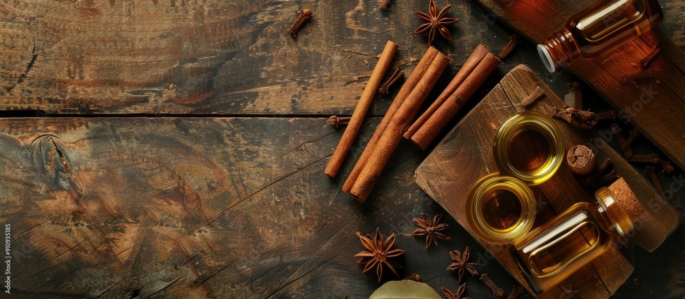 Aufkleber a wooden background with cinnamon sticks and aromatic essential oil for aromatherapy and organic cos