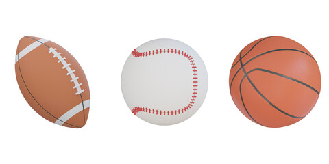 Baseball, Basketball, american Football, 3d icon illustration, transparent background