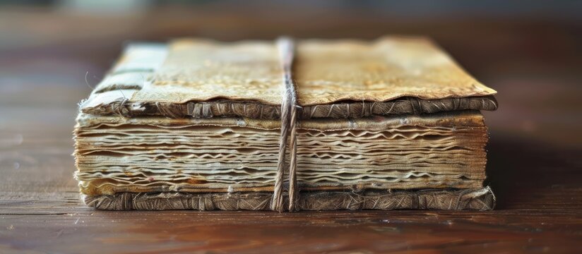 Handcrafted coptic binding with thread and pages for a book providing ample copy space image