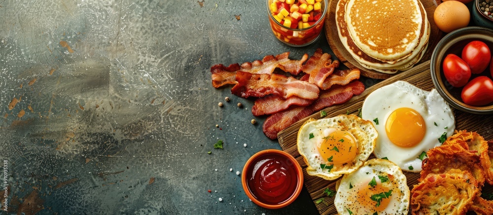 Poster top view of a wholesome american breakfast spread with eggs bacon pancakes and latkes with copy spac