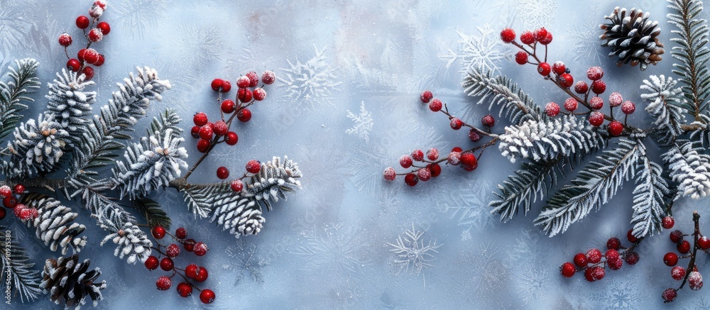 Poster A snowy Christmas tree branch adorned with viburnum berries and cones creating a festive banner in a flat lay copy space image