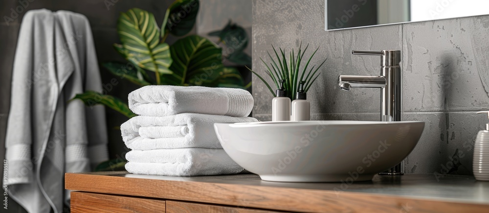 Poster Modern bathroom scene with clean white towels stacked neatly on a ceramic countertop providing a refreshing aesthetic with copy space image