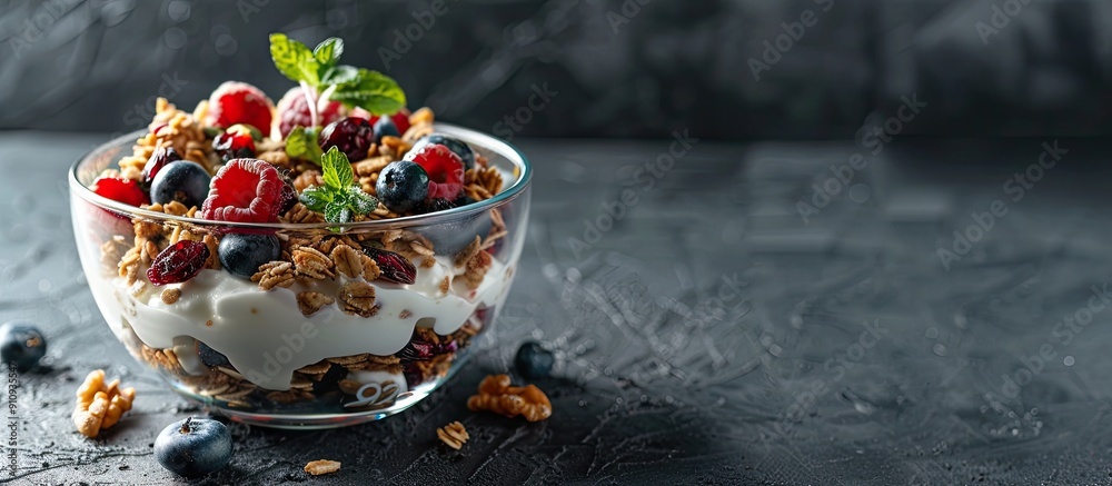 Aufkleber Glass bowl with granola mix of yogurt nuts and fruits on dark backdrop A scrumptious and nutritious breakfast treat Copy space image close up view