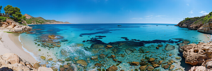 Obraz premium Turquoise Waters and Sandy Shoreline at Cala Vadella Beach, Ibiza, Spain