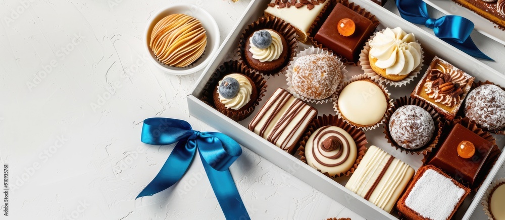 Poster a variety of cakes in a white box with a blue ribbon and bow including honey cake napoleon cake pige