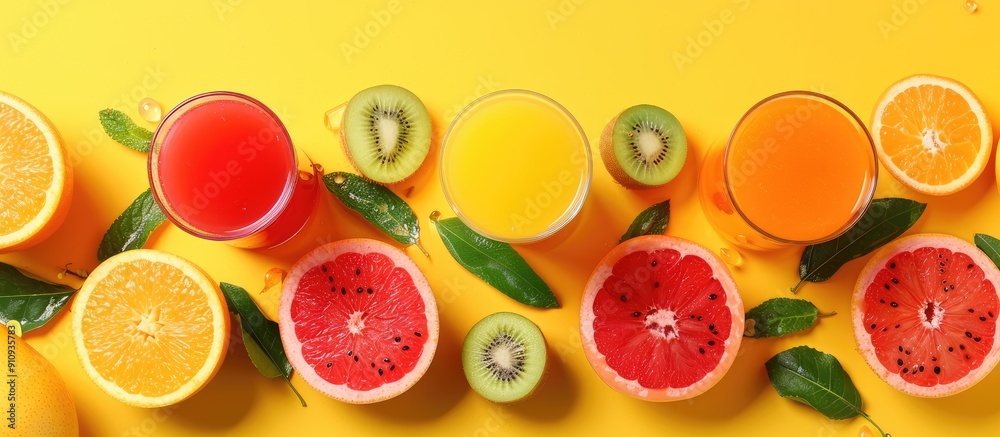 Aufkleber Fresh fruit slices and juices arranged on a yellow background in a top down view for a summer themed juicy backdrop with copy space image