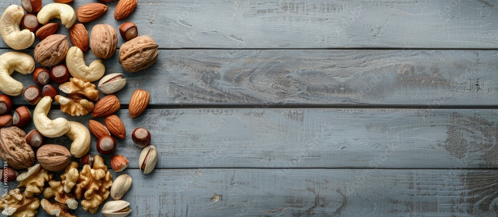 Poster Various types of nuts like cashews hazelnuts walnuts and almonds arranged on a gray wooden surface captured from above with a space for text or images. Creative banner. Copyspace image
