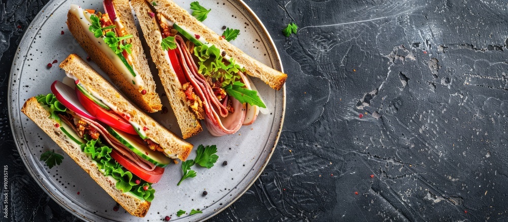 Aufkleber sandwiches prepared at home displayed on a dark background on a white plate with copy space image