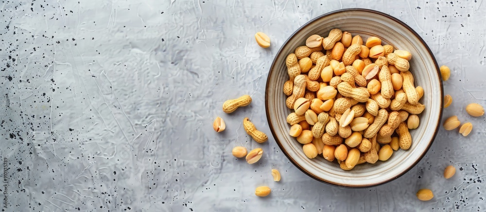 Aufkleber Top view of a plate with fresh peanuts arranged neatly in a bowl with copy space image available