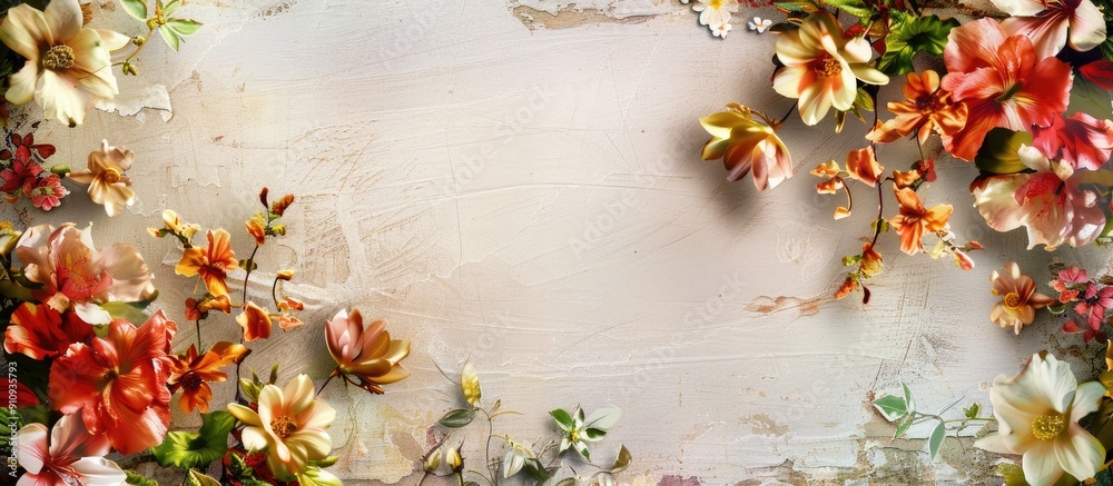 Leinwandbilder Get a blank photo frame template with copy space image featuring flowers and a textured design for a wide collage frame