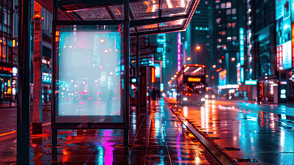 A photographic style of an illuminated advertising board at a bus stop, night-time city setting, blank white board glowing