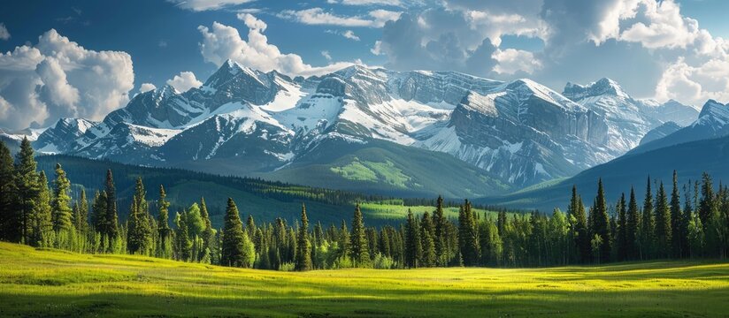 Scenic snow capped mountains with green trees in the foreground accentuate the landscape in the copy space image