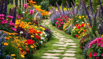 Garden Pathway with Assorted Colorful Flowers
