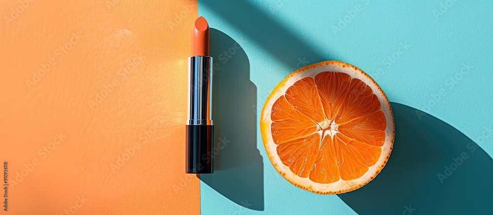 Poster a minimalist flat lay featuring stylish cosmetics like an orange and a lipstick against a vibrant ba