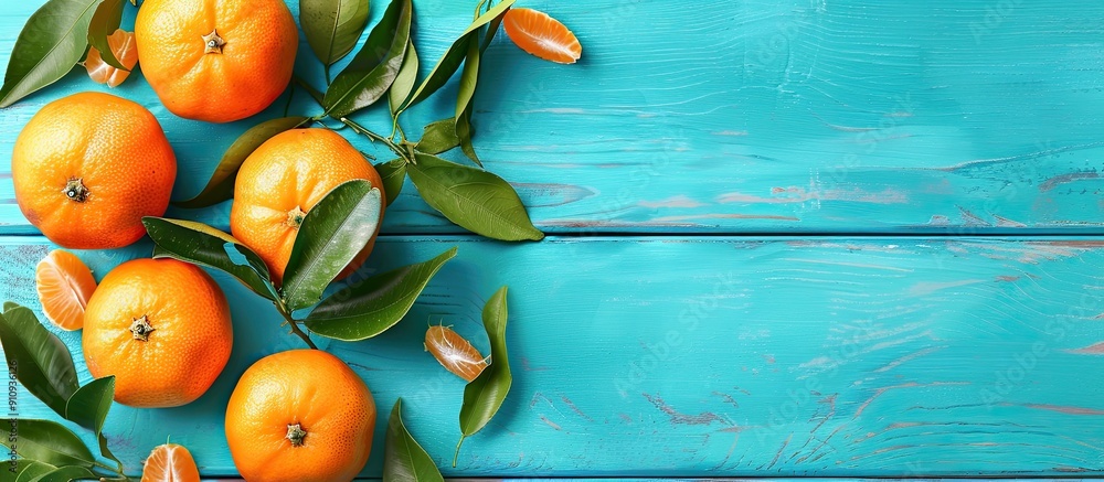 Poster top view of tangerines with leaves on a blue wooden table featuring copy space image
