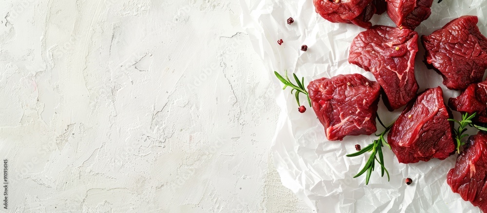 Poster Raw fresh beef pulp displayed on a bright backdrop ideal for protein rich keto diets A banner with space for text overlaid on the image. Creative banner. Copyspace image