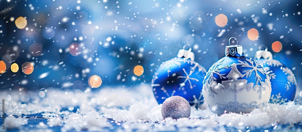 Poster a festive blue and white christmas ornaments are scattered on snow in an abstract background with a 