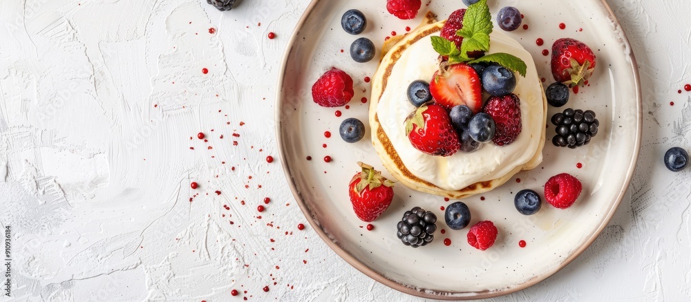 Poster Pancakes topped with berries and cream on a plate with copy space image