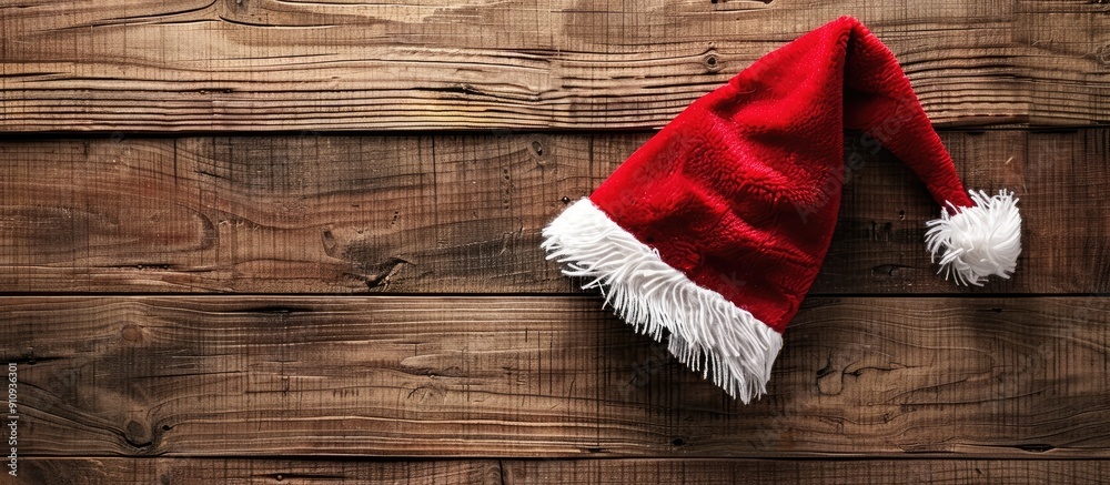 Poster top view of santa claus s red hat on a wooden backdrop with copy space image