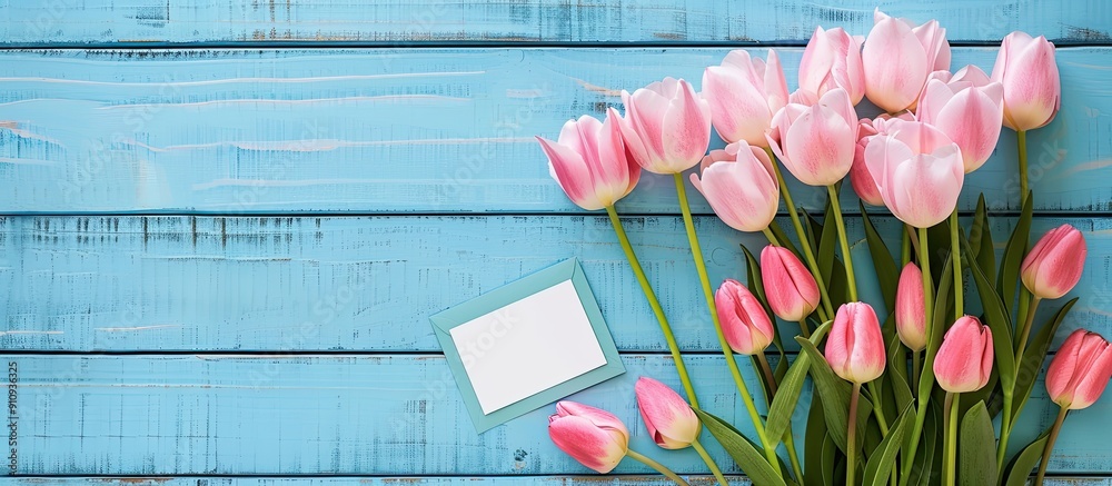 Aufkleber mother s day theme with pink tulips and a postcard displayed on a blue wooden backdrop featuring cop
