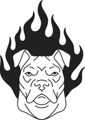 Y2k dog pitbull portrait with burn flame gothic art tattoo black outline icon vector flat illustration. Canine pet domestic animal head with fire blaze psychedelic contemporary artwork t shirt print