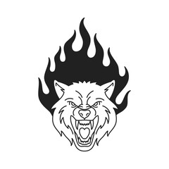Y2k angry roaring wolf with burning flame gothic black tattoo outline icon vector flat illustration. Aggressive powerful coyote wild animal canine predator portrait fire blaze artwork t shirt print