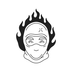 Y2k ninja in mask portrait covered face with burning flame tattoo outline icon vector flat illustration. Asian warrior martial male character head combat fighter Japanese mascot fire black artwork