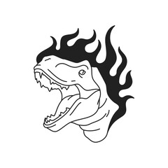 Y2k roaring dinosaur with burning flame black tattoo outline icon vector flat illustration. Dangerous medieval prehistoric angry reptile tyrannosaurus dino portrait with fire artistic t shirt print