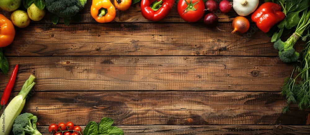 Poster Healthy organic vegetables displayed on a wooden table creating an appealing copy space image
